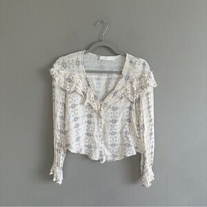 Astr Cream Floral Ruffle Cropped Blouse Small